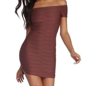 windsor off the shoulder mini body con dress